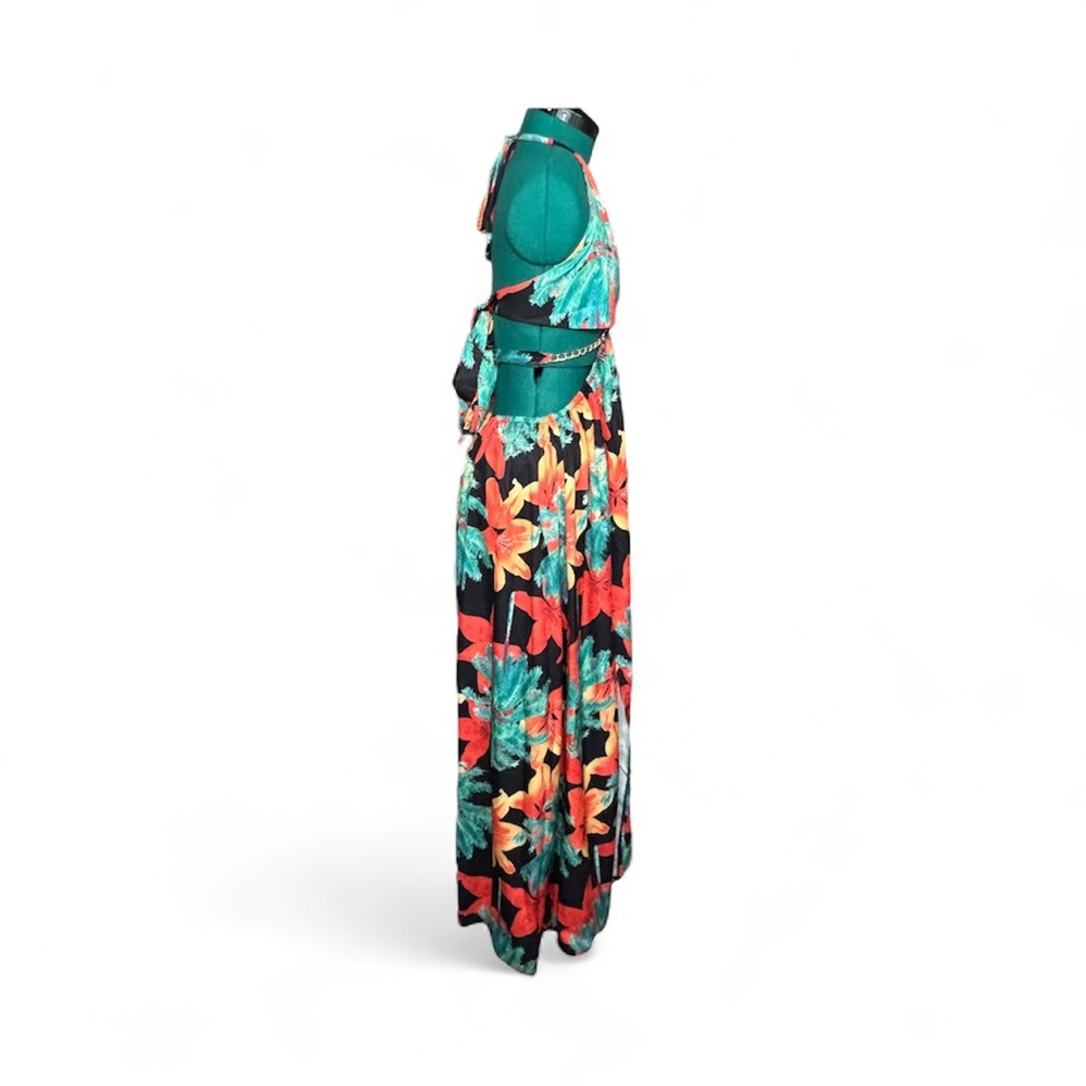 Tropical Halter Maxi Dress Backless Waist Chain Split Thigh - Picture 7 of 13